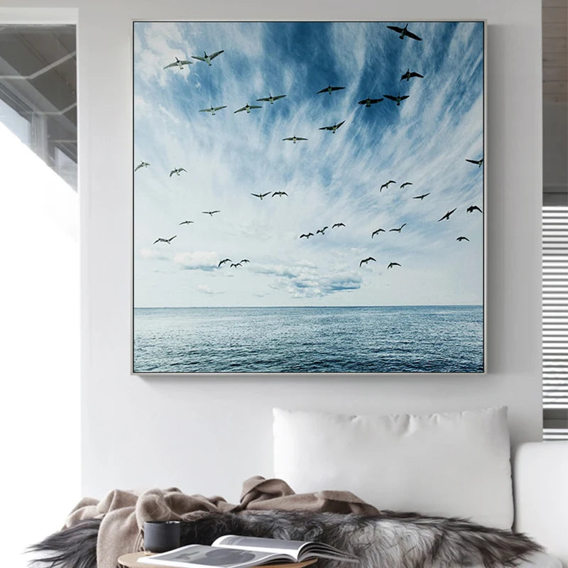 Nordic Flying Seagull Blue Sea and Sky Square Canvas Painting Wall Art Pictures for Living Room Home Decor Beautifuy Landscape