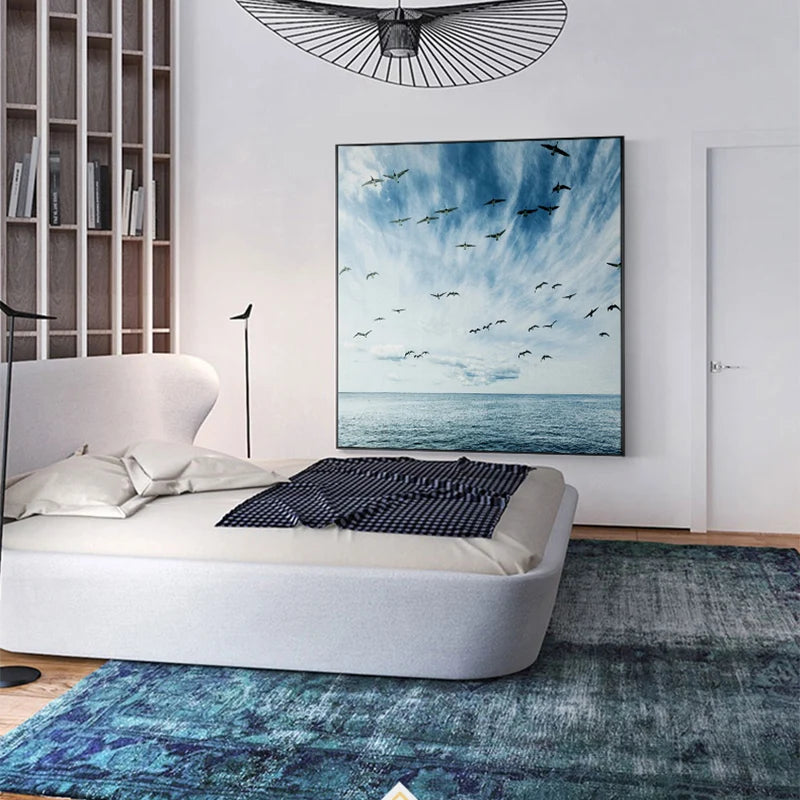 Nordic Flying Seagull Blue Sea and Sky Square Canvas Painting Wall Art Pictures for Living Room Home Decor Beautifuy Landscape