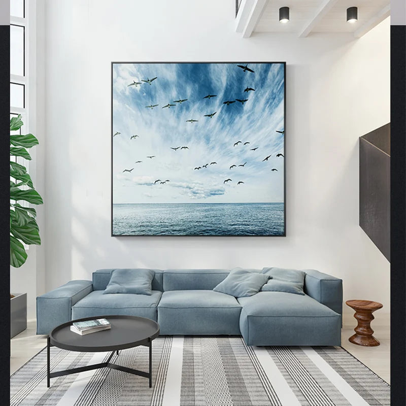 Nordic Flying Seagull Blue Sea and Sky Square Canvas Painting Wall Art Pictures for Living Room Home Decor Beautifuy Landscape