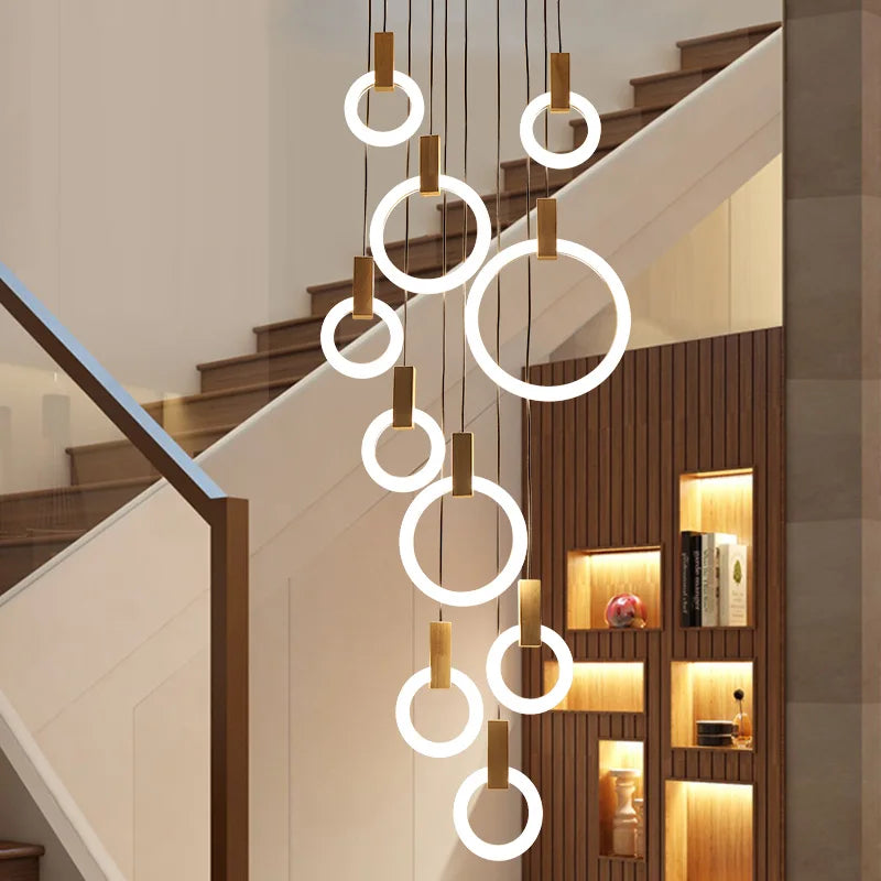 Modern Wooden Lighting Acrylic Ring Chandelier LED Ceiling Loft Living Room Stairs Decor Kitchen Dining Room Lighting