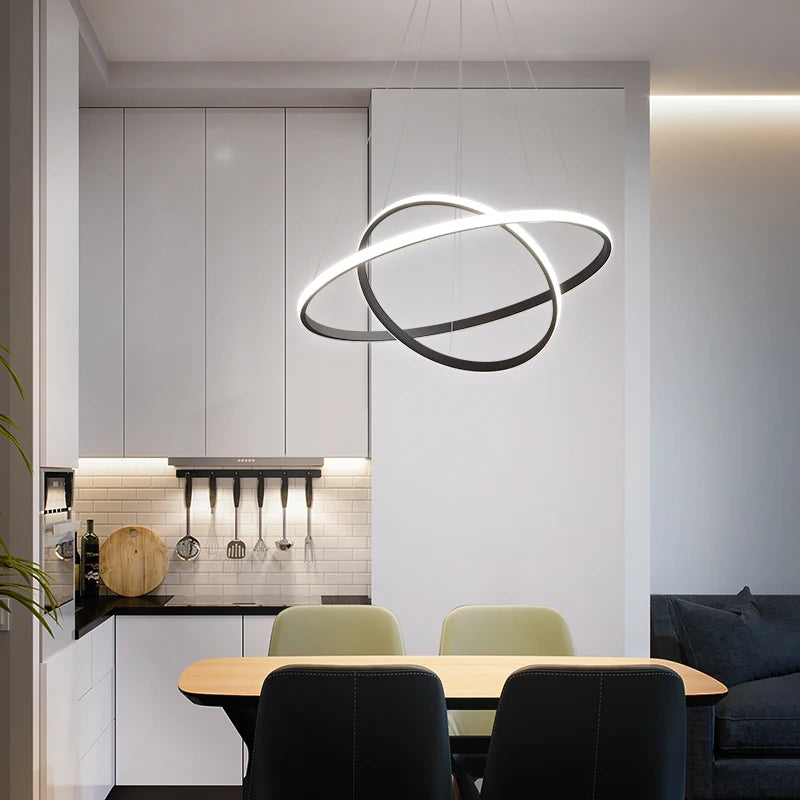 Modern Pendant Lamp Led Rings Circle Ceiling Hanging Chandelier Black Loft Living Dining Room Kitchen Indoor Lighting Fixture