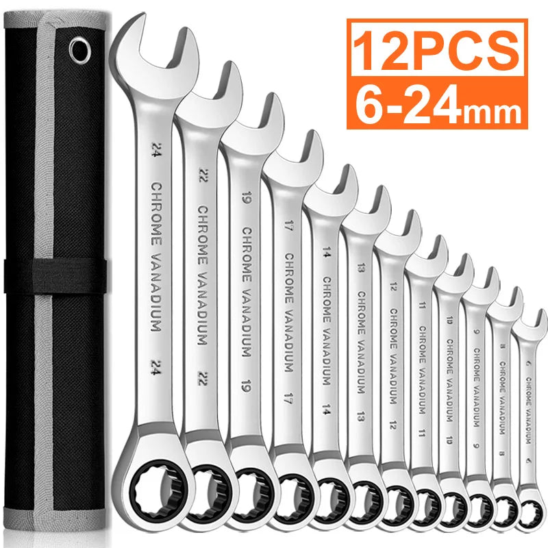 Ratcheting Wrench Set,Standard Metric Ratchet Combination Wrenches CR-V Gear Ring Spanner Set Car Repair Tools Key Set