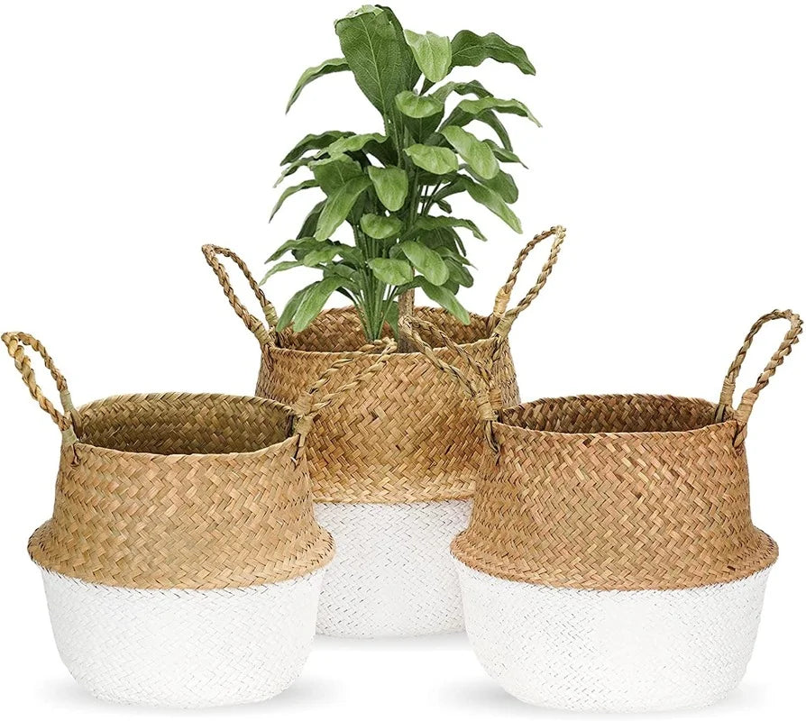 Wicker Storage Basket Folding Rattan Straw Basket Seagrasss Belly Flower Pot Holder Home Decor for Storage Picnic Grocery