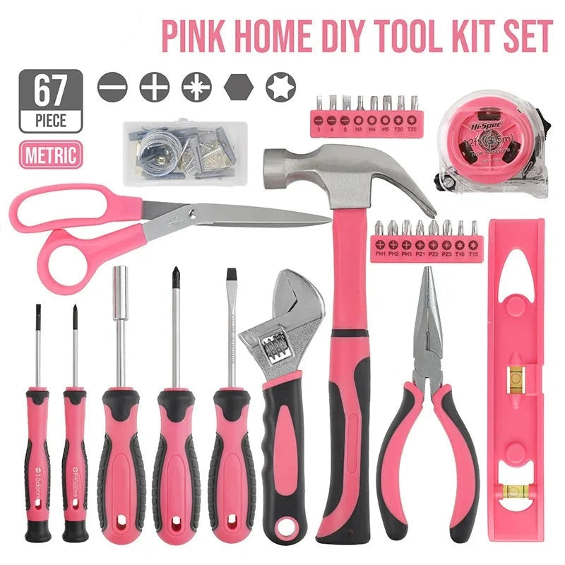 Hi-Spec 67pc Pink Tool Set Multi-tool Hammers Pliers Screwdrivers Hand Tools Saws Wrenches Tapes Pink Tool Kit For Women