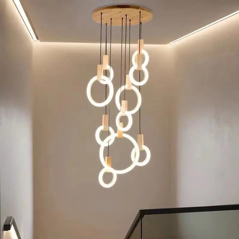 Modern Wooden Lighting Acrylic Ring Chandelier LED Ceiling Loft Living Room Stairs Decor Kitchen Dining Room Lighting