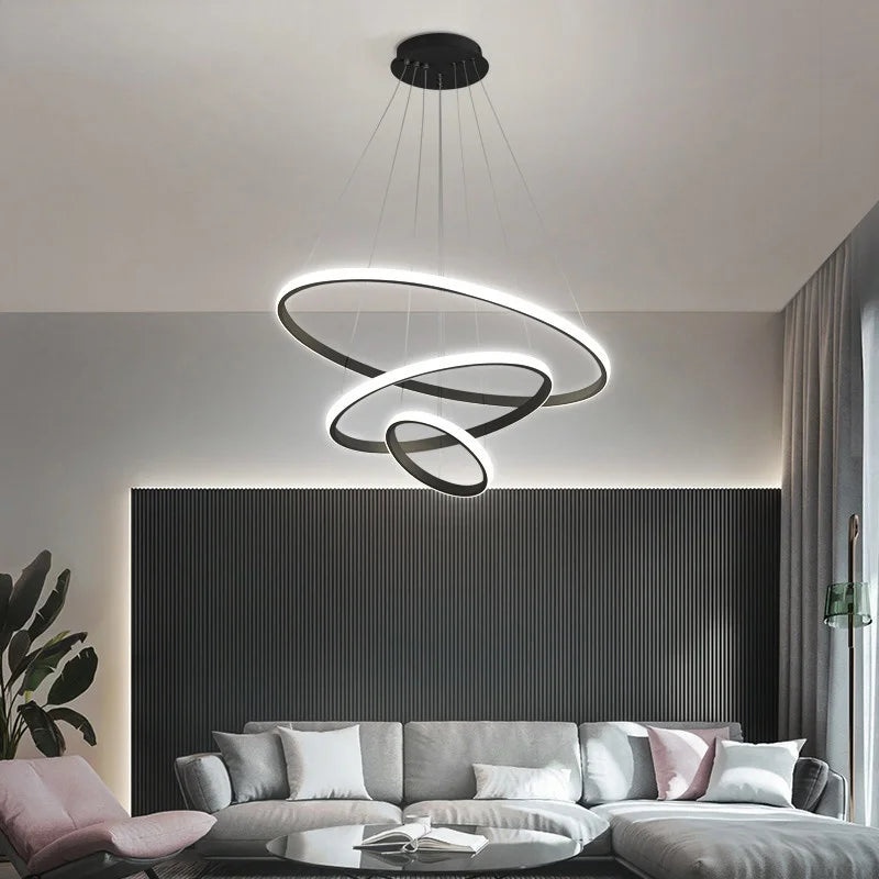 Modern Pendant Lamp Led Rings Circle Ceiling Hanging Chandelier Black Loft Living Dining Room Kitchen Indoor Lighting Fixture