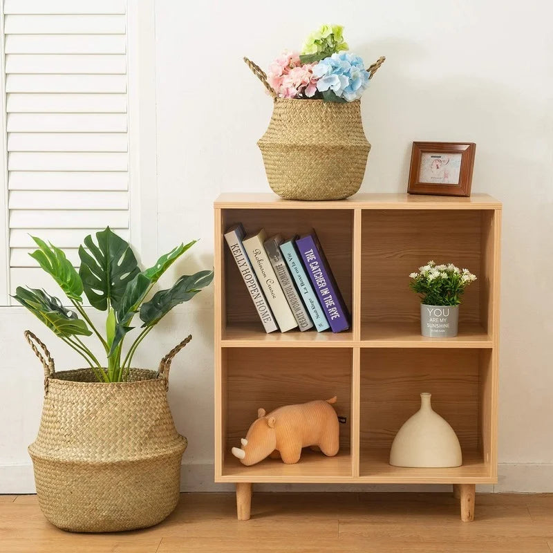 Wicker Storage Basket Folding Rattan Straw Basket Seagrasss Belly Flower Pot Holder Home Decor for Storage Picnic Grocery