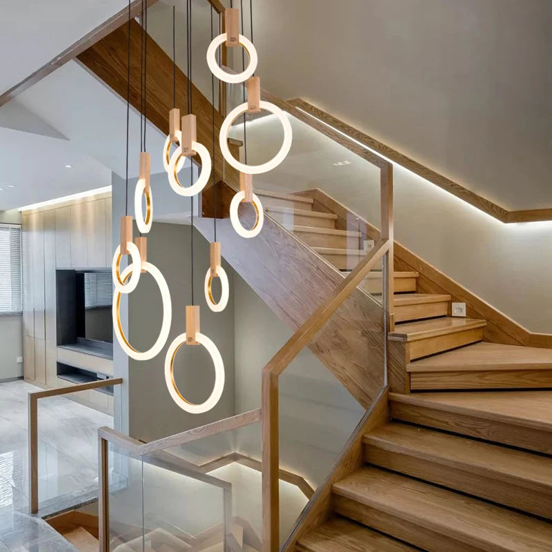 Modern Wooden Lighting Acrylic Ring Chandelier LED Ceiling Loft Living Room Stairs Decor Kitchen Dining Room Lighting