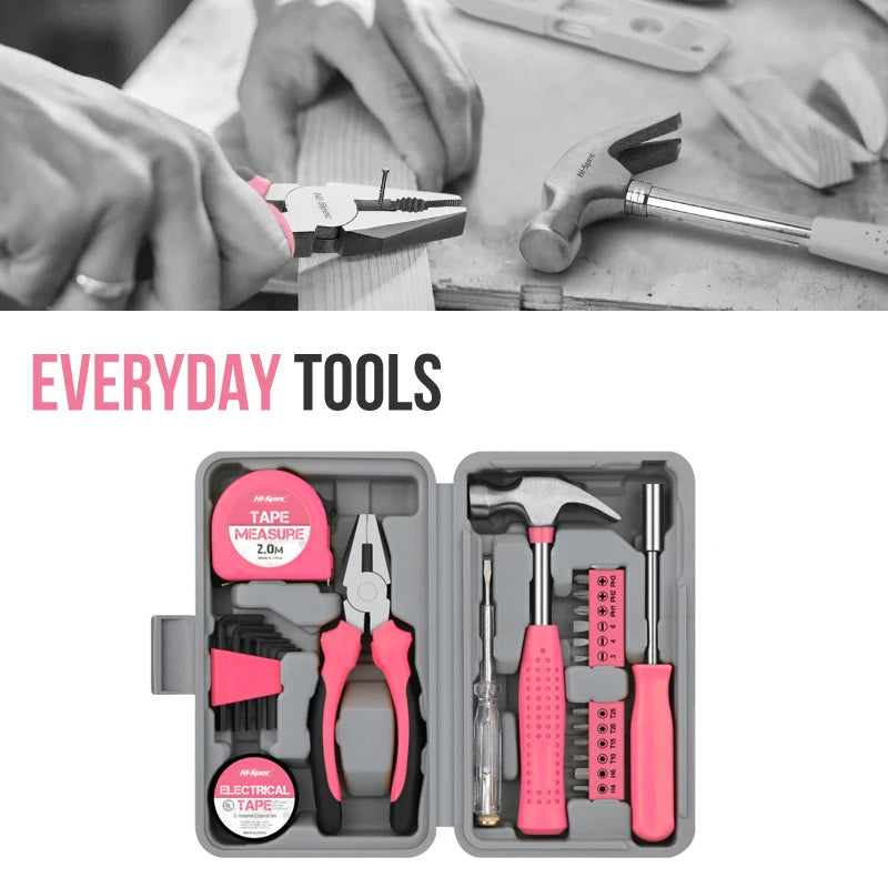 24 In 1 Multifunctional Home Repair Hand Tool Set Pliers Tape Measure Hammer Wrench Screwdriver Pink Hardware With Toolbox