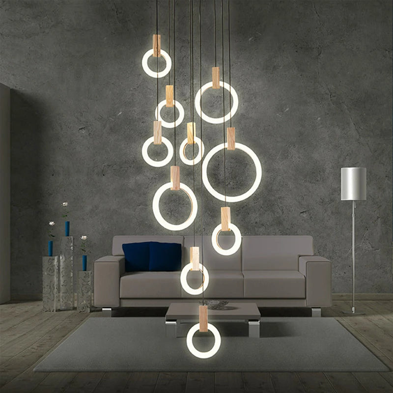 Modern Wooden Lighting Acrylic Ring Chandelier LED Ceiling Loft Living Room Stairs Decor Kitchen Dining Room Lighting