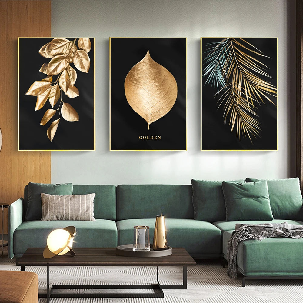 Gold Black Leaf Canvas Paintings Wall Art Posters and Prints Decorative Pictures for Living Room Nordic Cuadros Home Decor