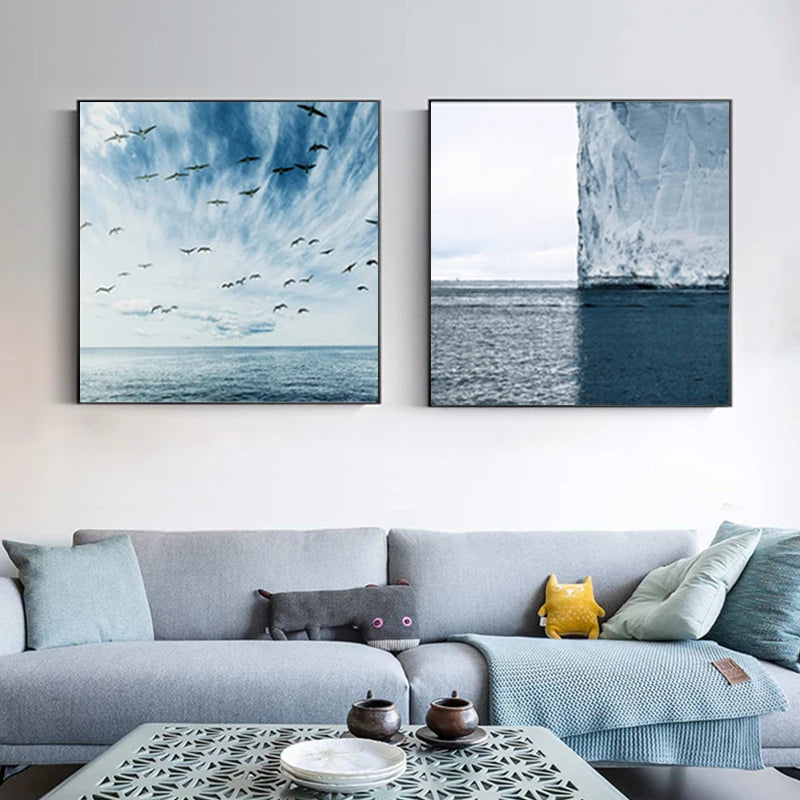 Nordic Flying Seagull Blue Sea and Sky Square Canvas Painting Wall Art Pictures for Living Room Home Decor Beautifuy Landscape